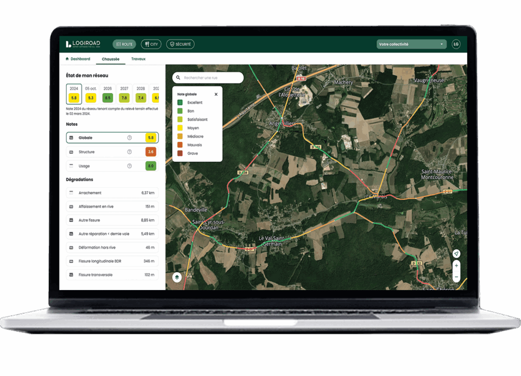 Ecran travaux du module Route de Logiroad Center